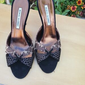 Manolo Blahnik Black and Brown Animal Print Open-Toe Mules